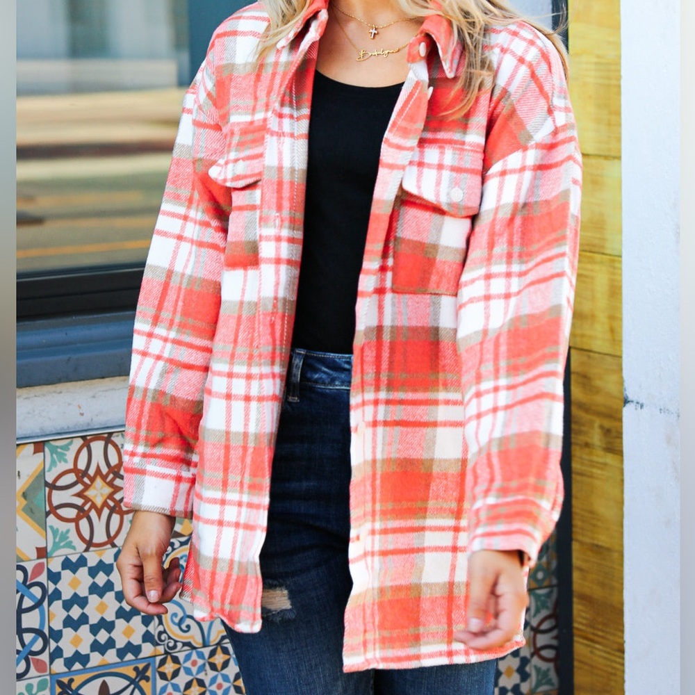 Coral plaid flannel jacket